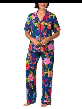 Women's Aloha Flowers Notched Collar Stretchy Soft Pajamas Set Room Service S